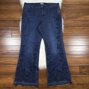 John Mark Womens Plus Size 20W Floral Embroidered Boho Flare Denim Jeans Stretch